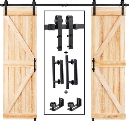 8 ft double sliding barn door hardware kit; black track with two door hangers and handles on Tampa Home & Garden Store