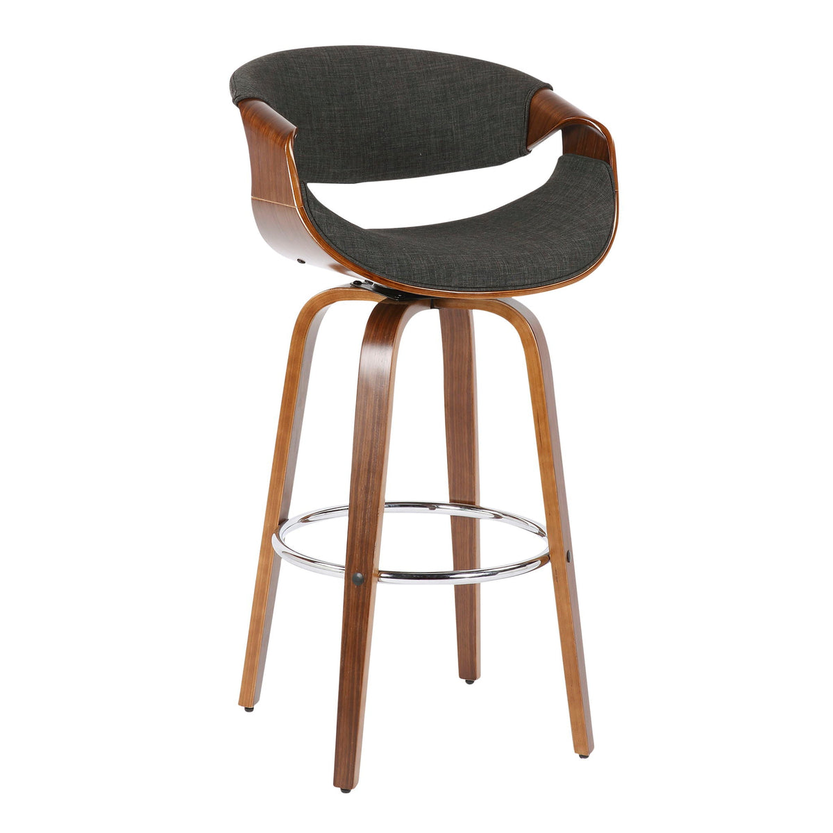 Mid-Century Modern swivel barstool with walnut frame, dark gray upholstery, chrome footrest on Tampa Home & Garden Store