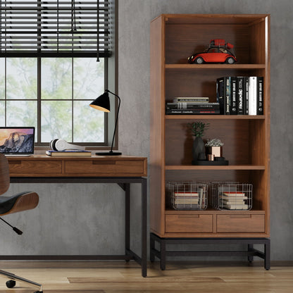Handcrafted mid-century bookcase with walnut finish, open shelves, red toy car and books on Tampa Home & Garden Store