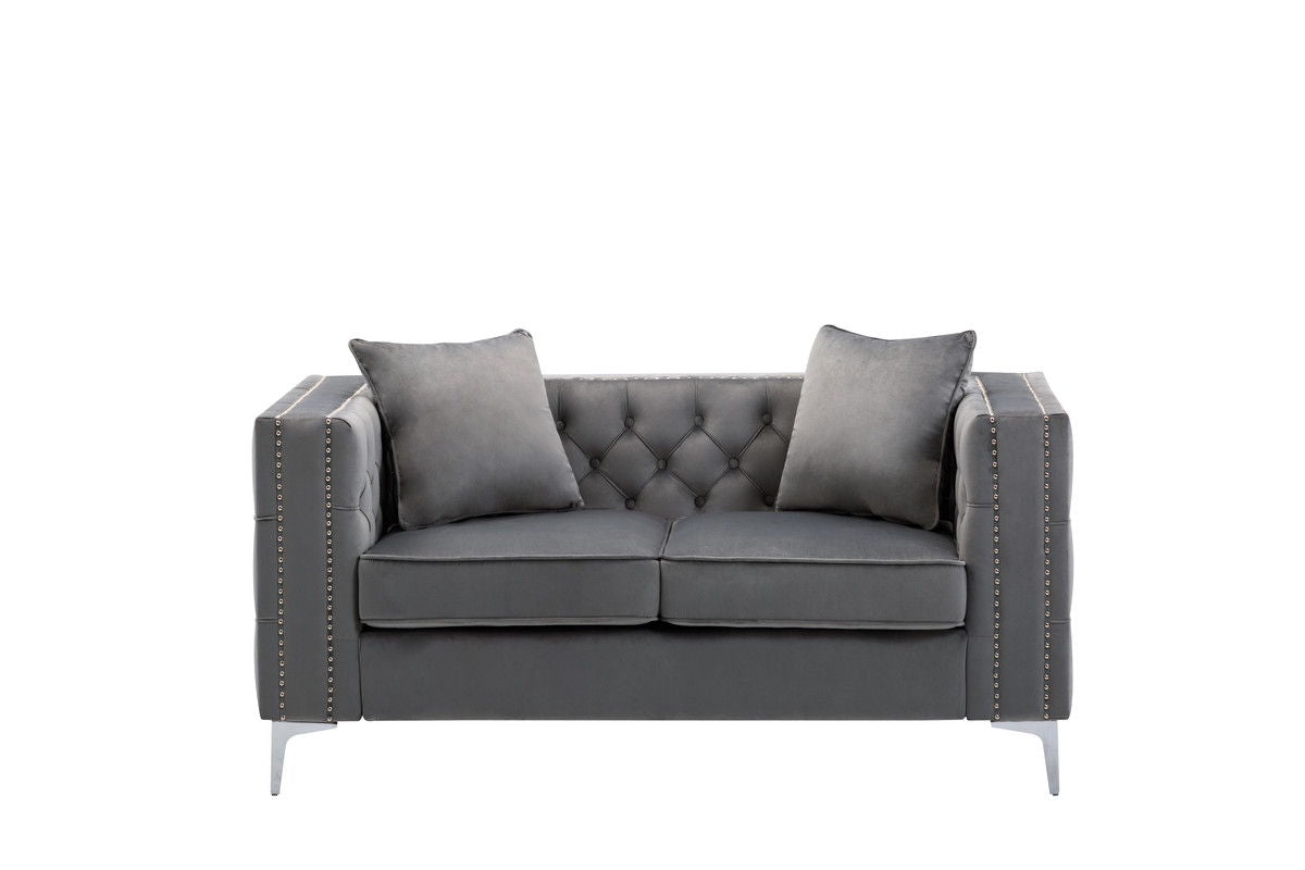 Gray tufted fabric stationary loveseat with button back and nailhead trim, HouseOfZazla on Tampa Home & Garden Store
