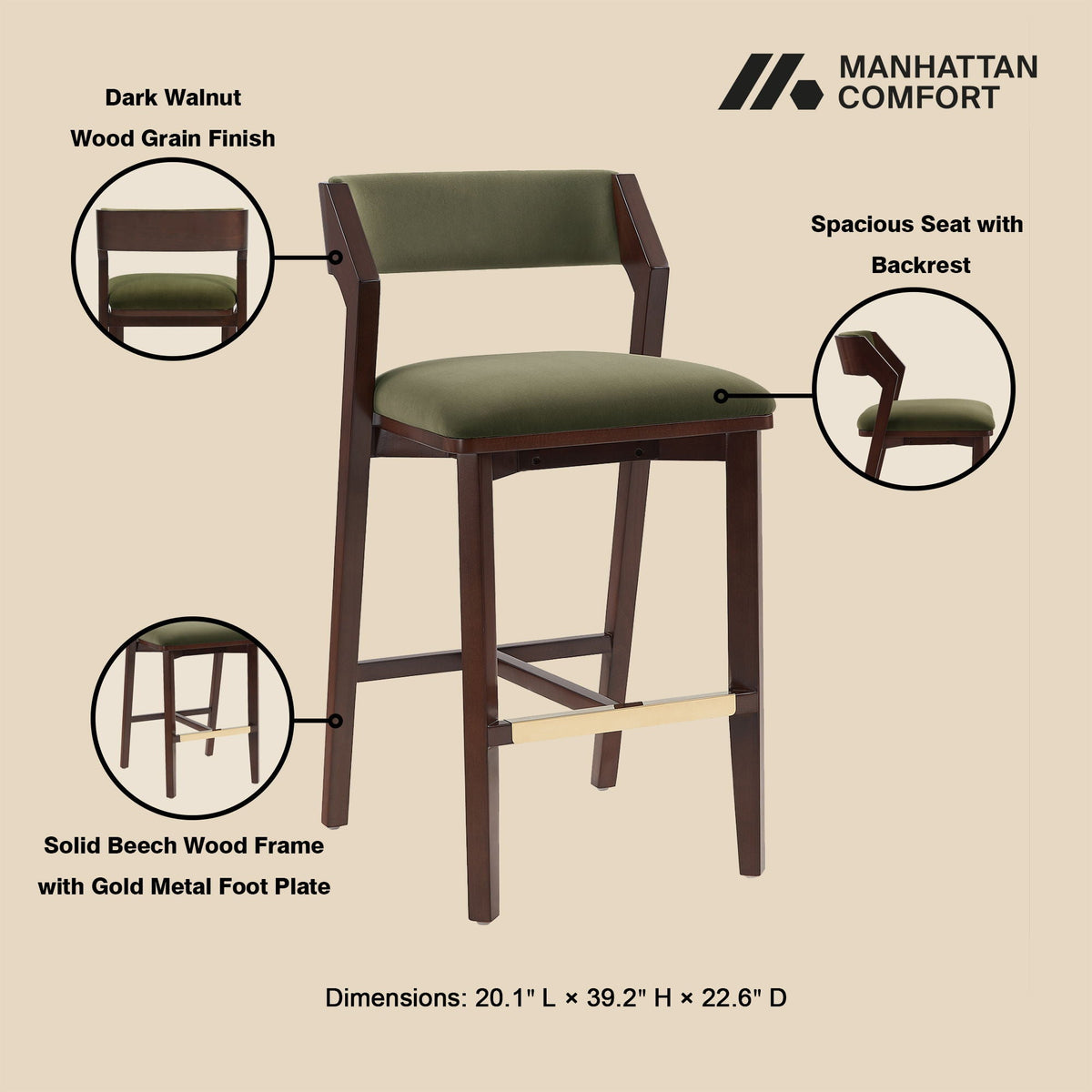 Bar Height Barstool with Backrest dark green upholstery on wood frame with gold foot plate on Tampa Home & Garden Store