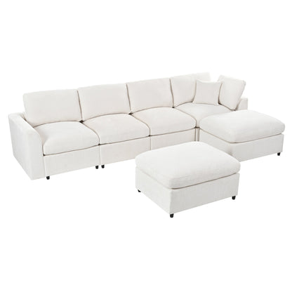 U-Style 130.3in 6-Seater Modular Sectional Sofa in cream fabric with plush cushions and ottoman on Tampa Home & Garden Store