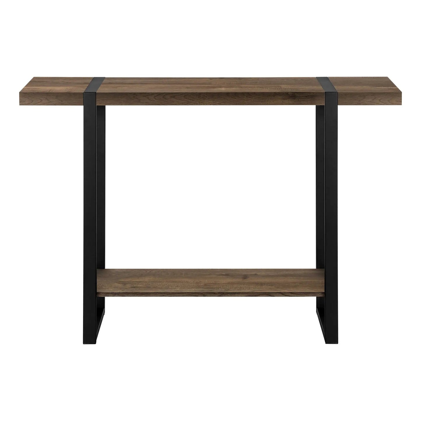 Accent console table brown wood top with black metal frame and lower shelf for entryway on Tampa Home & Garden Store