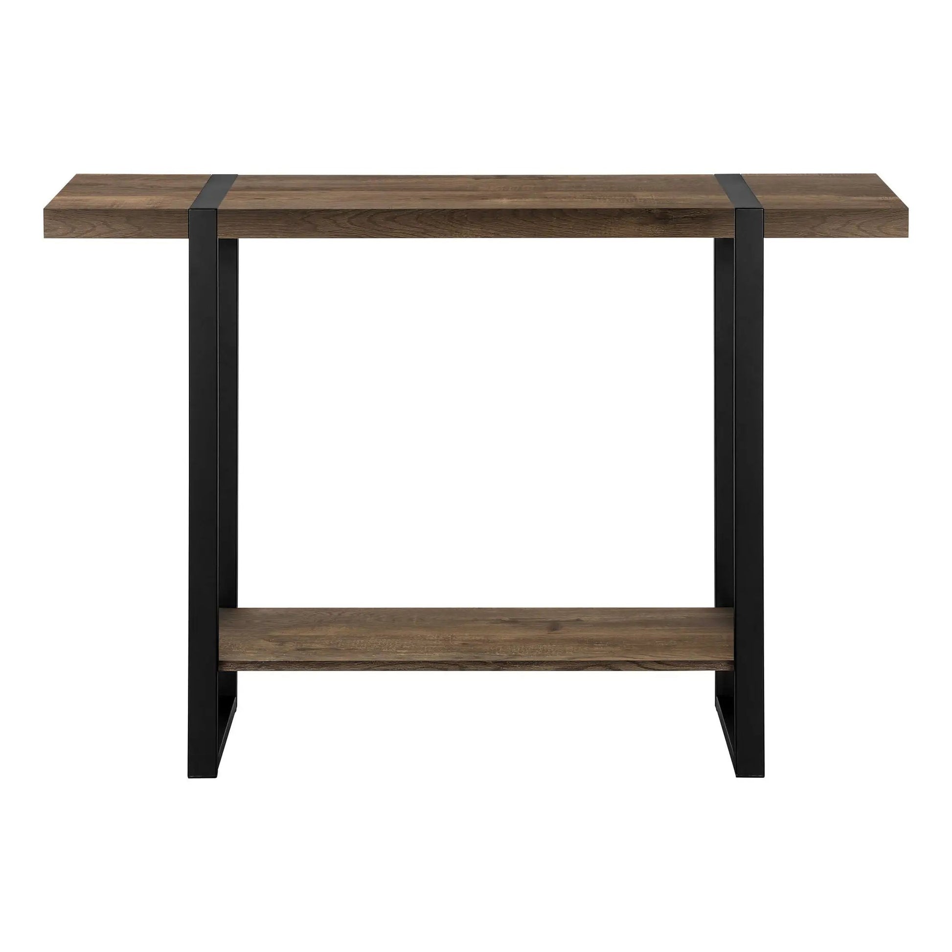 Accent console table brown wood top with black metal frame and lower shelf for entryway on Tampa Home & Garden Store