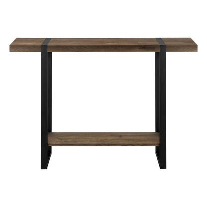 Accent console table brown wood top with black metal frame and lower shelf for entryway on Tampa Home & Garden Store