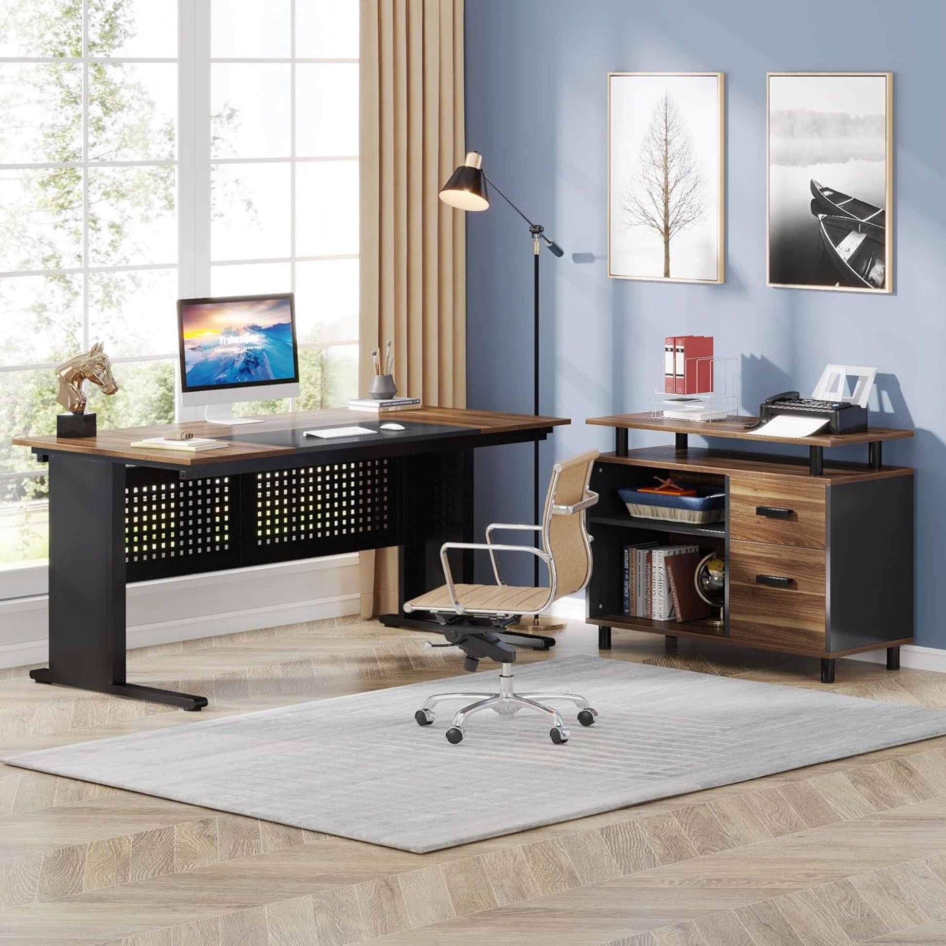 L-shaped corner desk with file cabinet and drawers, wood brown top on black metal legs, HouseOfZazla desk on Tampa Home & Garden Store