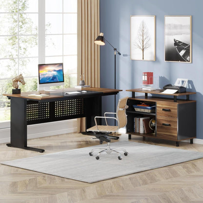 L-shaped corner desk with file cabinet and drawers, wood brown top on black metal legs, HouseOfZazla desk on Tampa Home & Garden Store