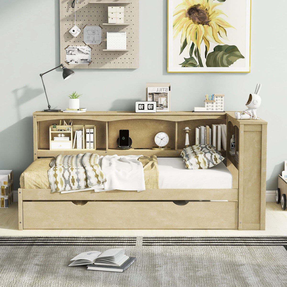 Daybed with trundle and storage cabinets in light wood with USB ports HouseOfZazla on Tampa Home & Garden Store