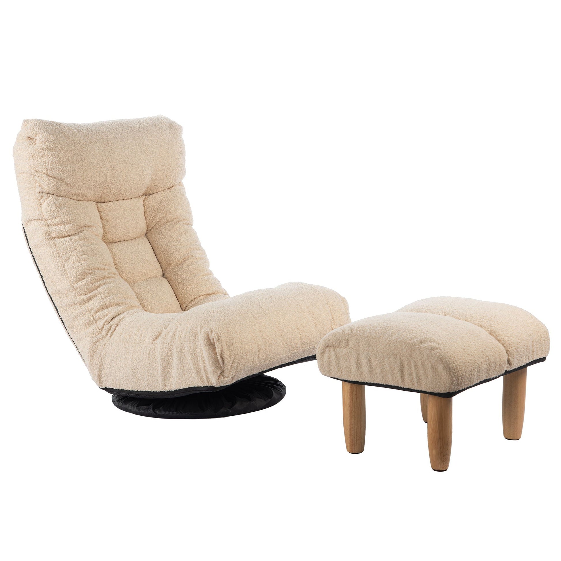 Adjustable Japanese reclining floor chair & ottoman in beige boucle fabric with wooden legs on Tampa Home & Garden Store