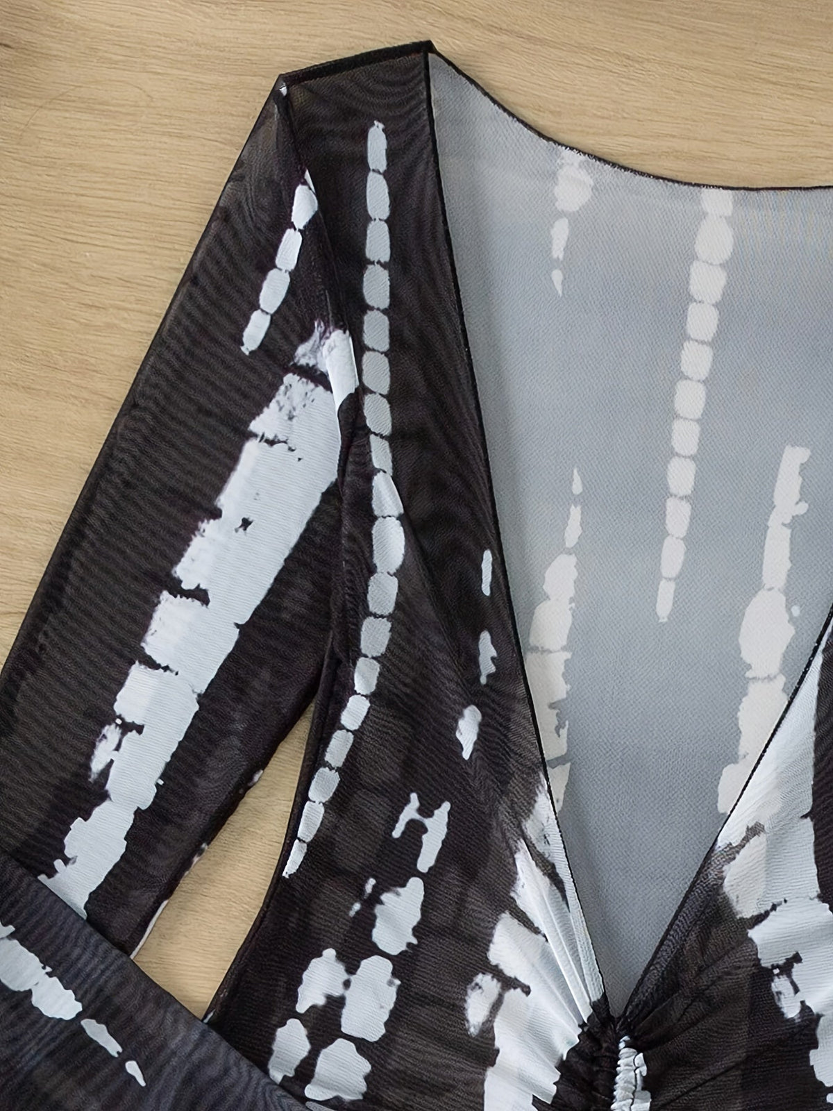 Horizon Haze tie-dye bandeau bikini close-up in black and white with sheer cover-up on Tampa Home & Garden Store