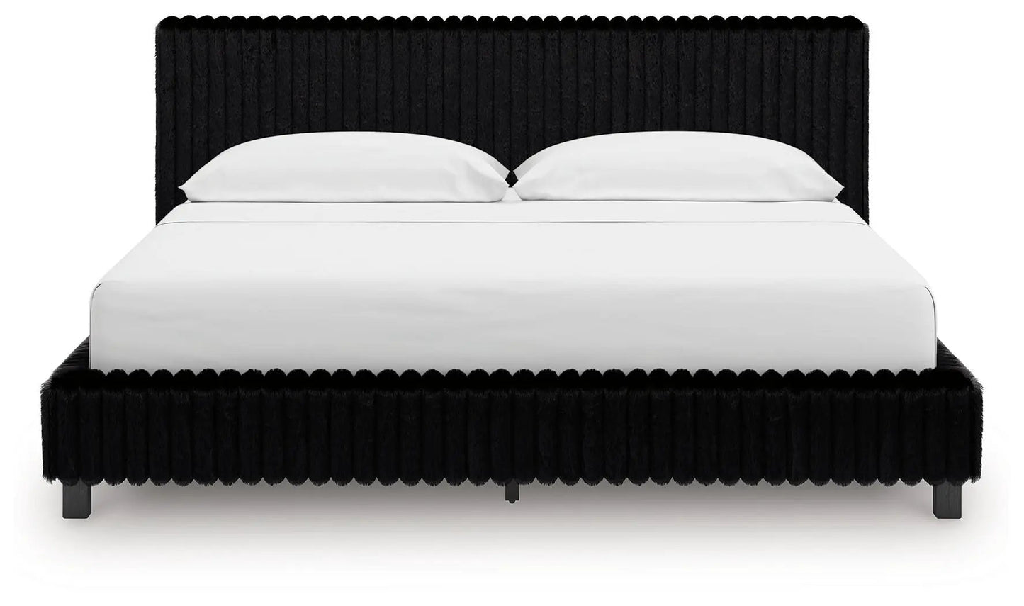 Zuraleus Upholstered Bed with black plush fur upholstery on Tampa Home & Garden Store