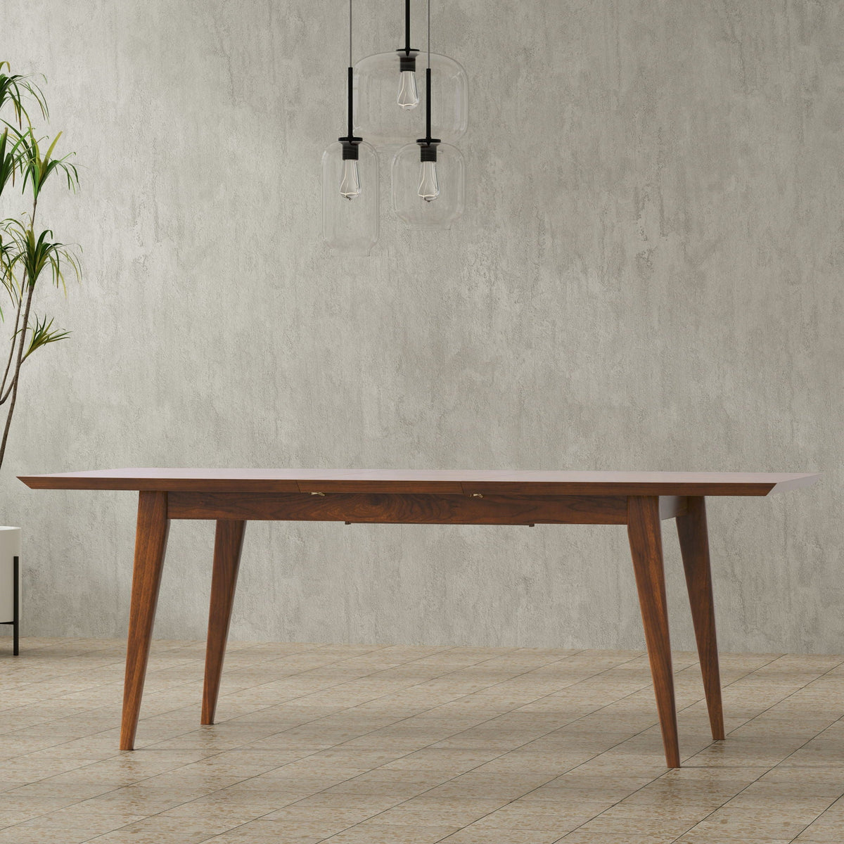 Elegant rubberwood rectangular dining table with tapered legs in warm brown finish on Tampa Home & Garden Store