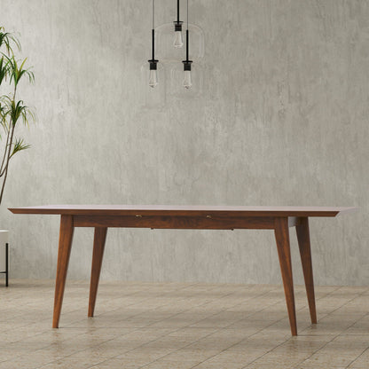 Elegant rubberwood rectangular dining table with tapered legs in warm brown finish on Tampa Home & Garden Store