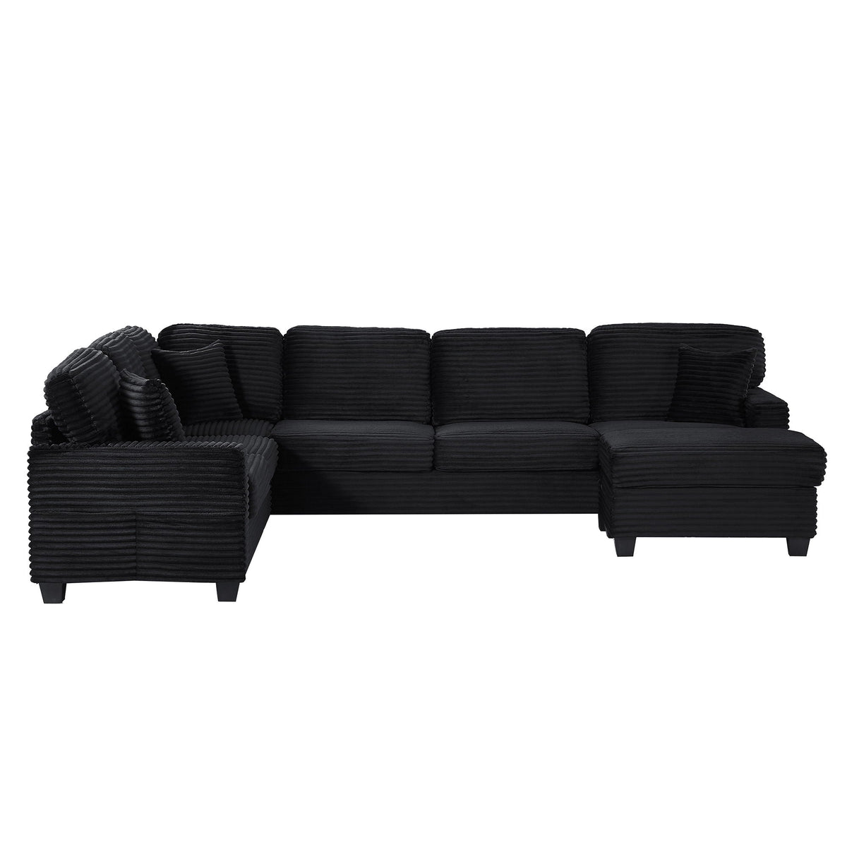 Upholstered black U-shaped sectional sofa in ribbed fabric with movable ottoman on Tampa Home & Garden Store