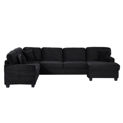 Upholstered black U-shaped sectional sofa in ribbed fabric with movable ottoman on Tampa Home & Garden Store