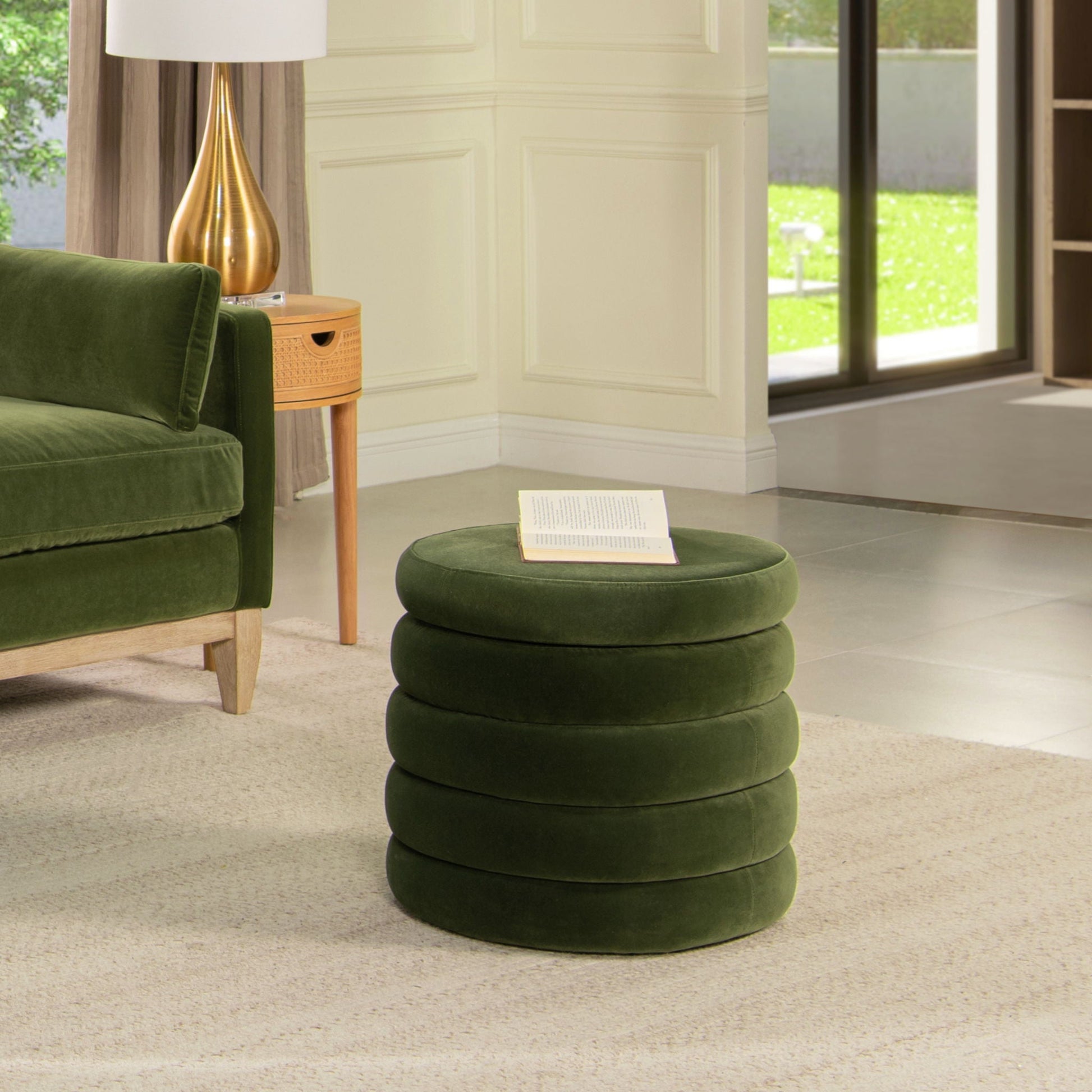 Fuji oversized round storage ottoman in green velvet with stacked cushions, HouseOfZazla on Tampa Home & Garden Store