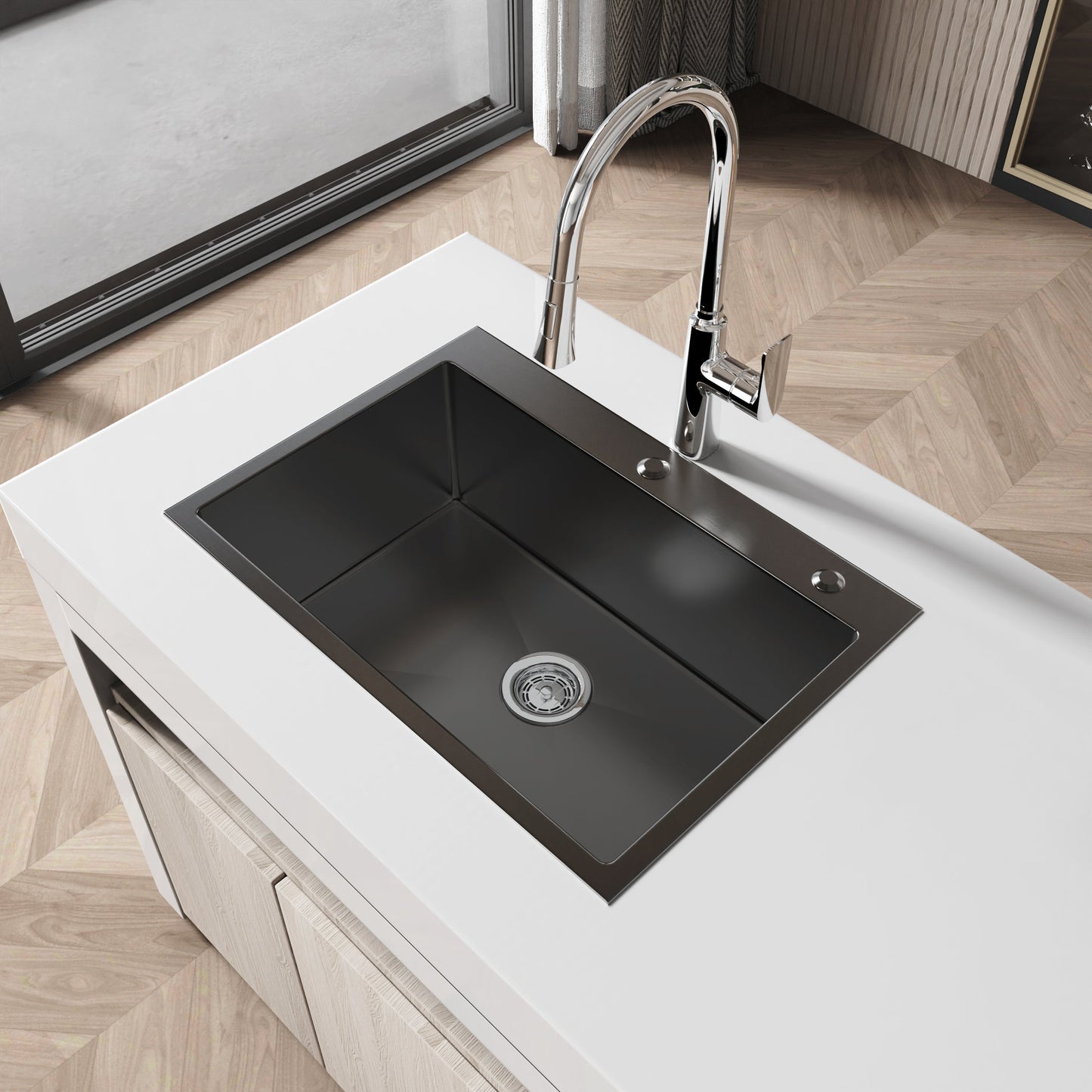 Stainless steel kitchen sink 27x19, black interior bowl, overmount handmade, chrome faucet on Tampa Home & Garden Store