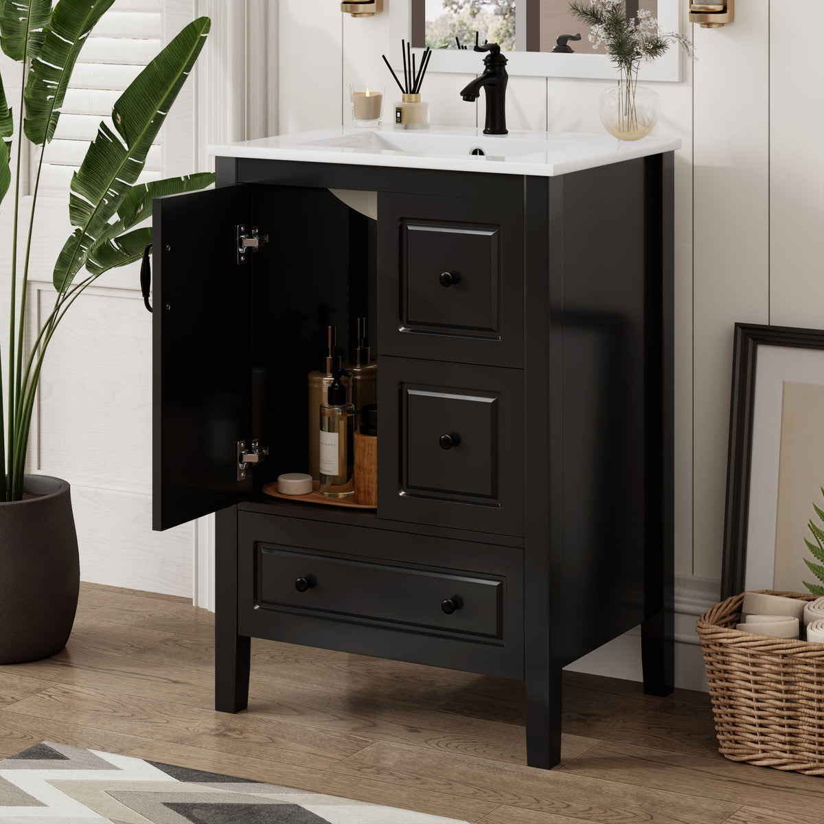 Retro bathroom vanity with black cabinet, white ceramic sink, and soft-closing drawers on Tampa Home & Garden Store