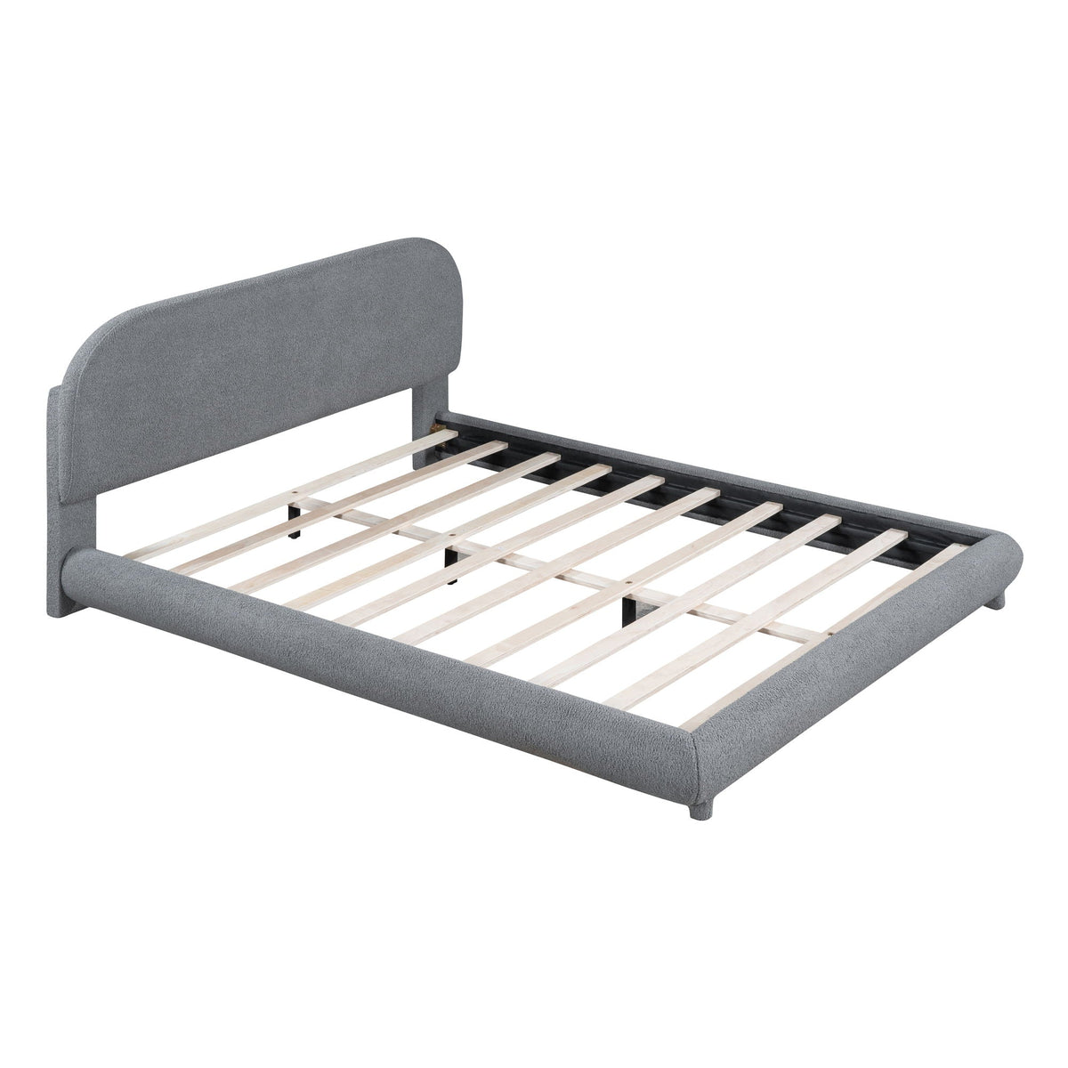 HouseOfZazla upholstered platform bed in grey fabric with curved headboard and wood slat base on Tampa Home & Garden Store