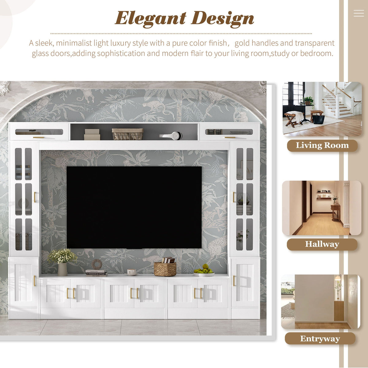 Wall Unit Entertainment Center with Glass Doors, white finish, gold handles on Tampa Home & Garden Store