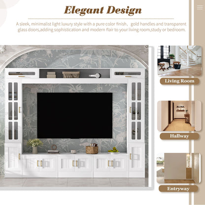 Wall Unit Entertainment Center with Glass Doors, white finish, gold handles on Tampa Home & Garden Store