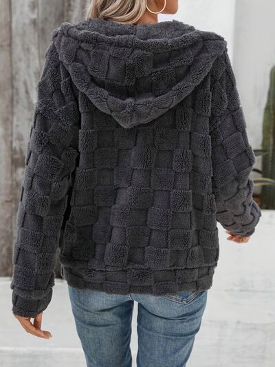 Dark gray women's fuzzy checkered hooded jacket Stevvex zip-up textured coat on Tampa Home & Garden Store