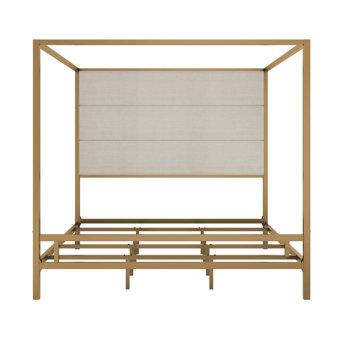 HouseOfZazla canopy bed with tall beige upholstered headboard and gold four-poster frame on Tampa Home & Garden Store