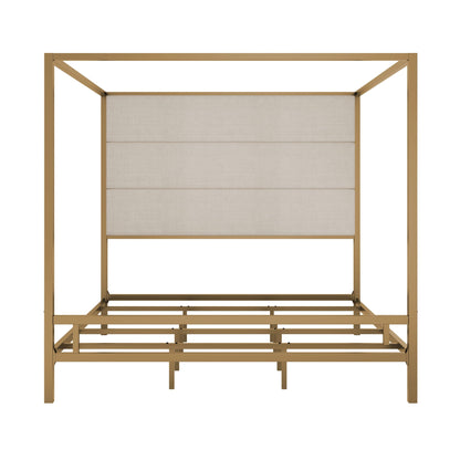 HouseOfZazla canopy bed with tall beige upholstered headboard and gold four-poster frame on Tampa Home & Garden Store