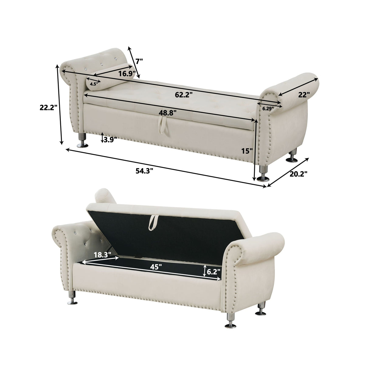 Storage bench with crystal buttons, ivory faux leather, nailhead trim pillow included on Tampa Home & Garden Store
