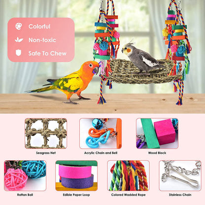 Parrot climbing net hammock with seagrass net and colorful ropes for medium/large birds, includes acrylic chain and bell on Tampa Home & Garden Store