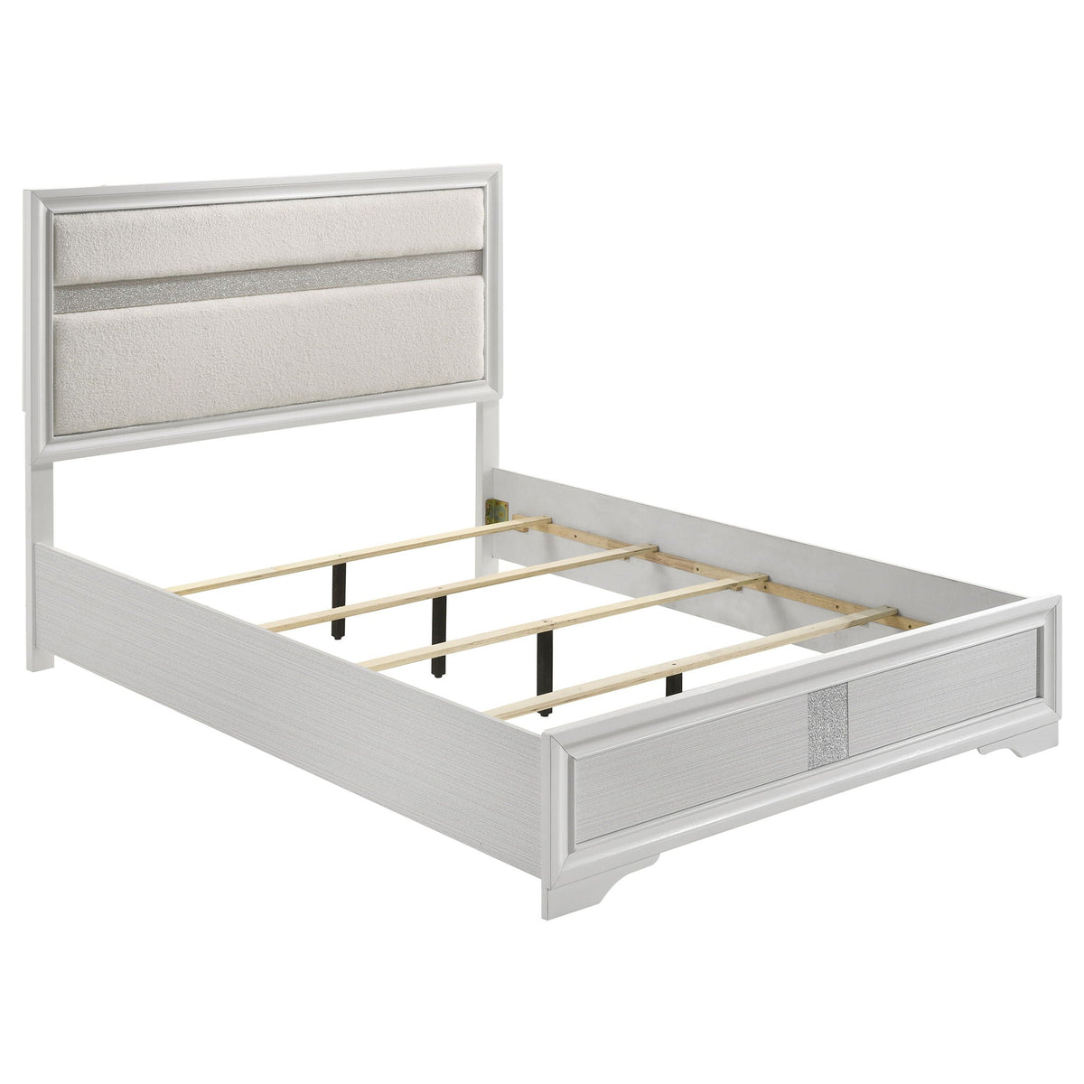Annie 4 Piece Bedroom Set bed with white frame and beige upholstered headboard, silver trim on Tampa Home & Garden Store
