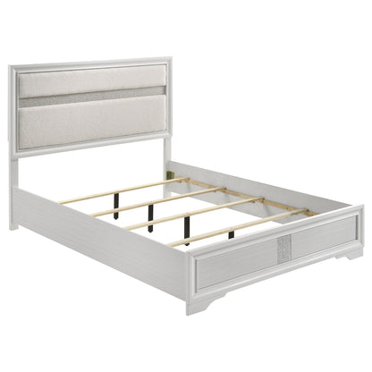 Annie 4 Piece Bedroom Set bed with white frame and beige upholstered headboard, silver trim on Tampa Home & Garden Store