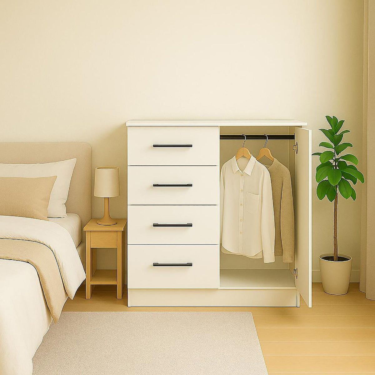 Robin Gentleman’s Chest white with extra deep storage by HouseOfZazla in a tidy bedroom on Tampa Home & Garden Store