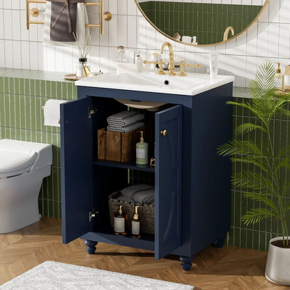 Bathroom vanity navy blue with white sink, gold fixtures and open lower shelf with towels on Tampa Home & Garden Store