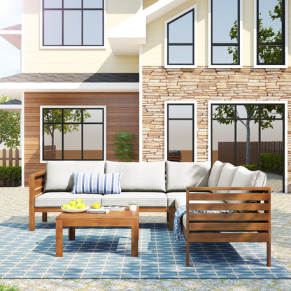 Wood Structure Outdoor Sofa Set with Beige Cushions, wood-framed patio seating on Tampa Home & Garden Store