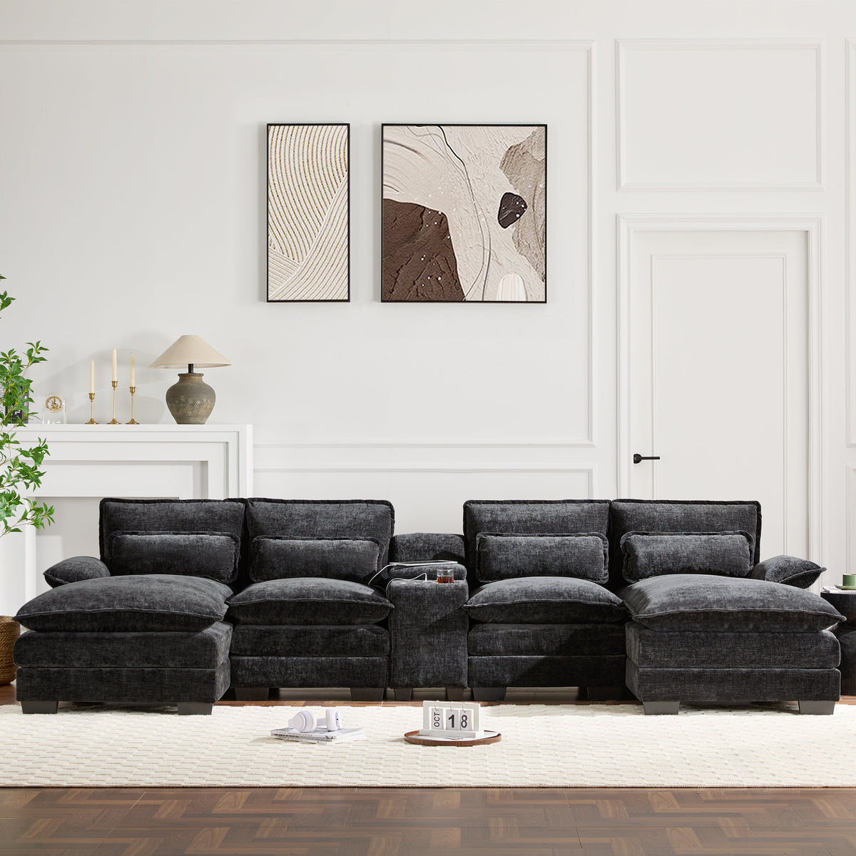 Modern U-shaped sectional sofa by HouseOfZazla in dark gray velvet with console and USB charger on Tampa Home & Garden Store