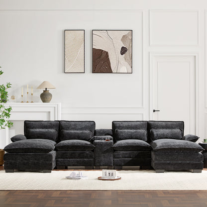 Modern U-shaped sectional sofa by HouseOfZazla in dark gray velvet with console and USB charger on Tampa Home & Garden Store