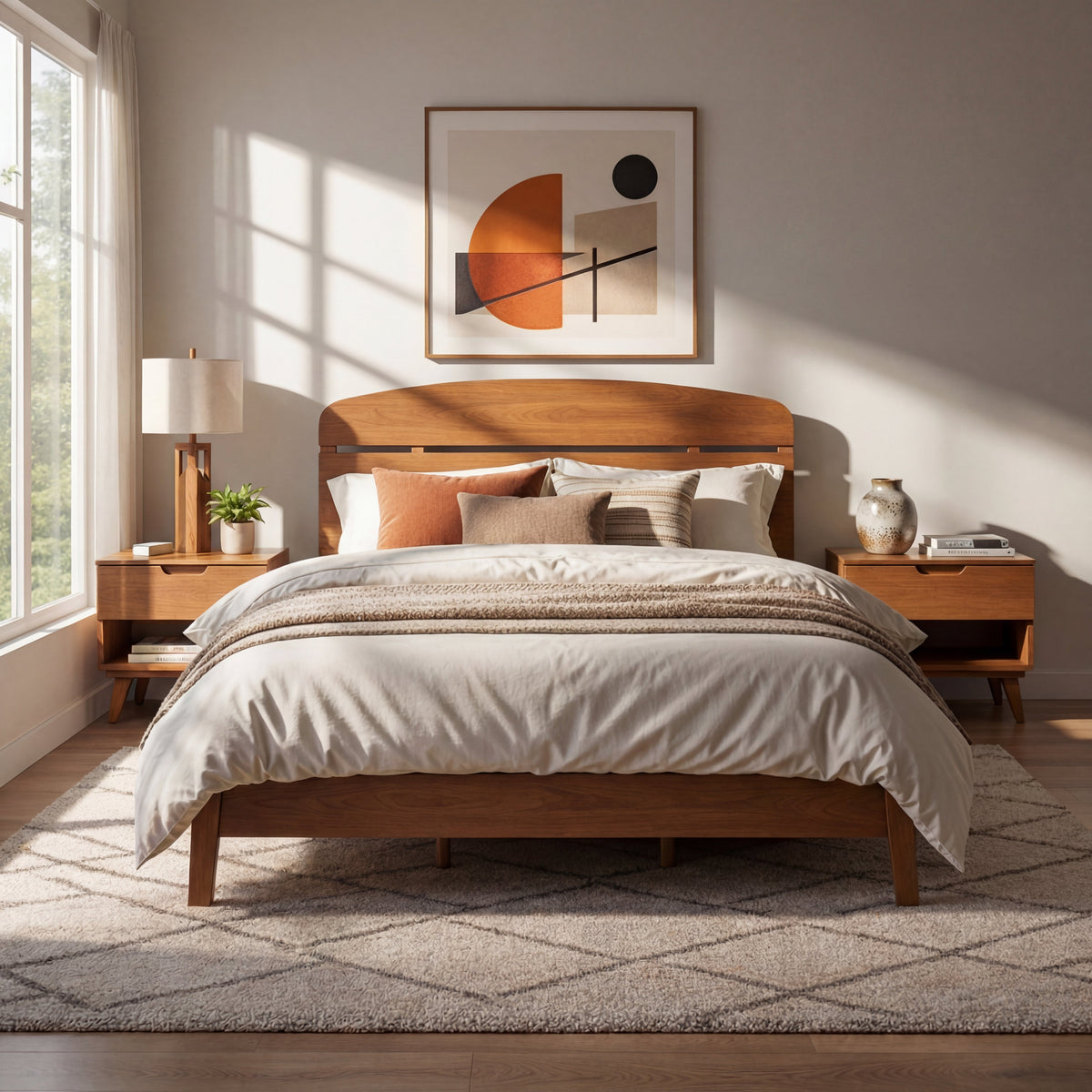 Queen size solid wood platform bed with curved headboard in warm oak finish on Tampa Home & Garden Store