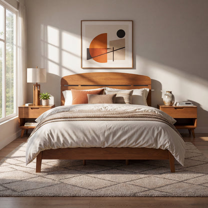 Queen size solid wood platform bed with curved headboard in warm oak finish on Tampa Home & Garden Store