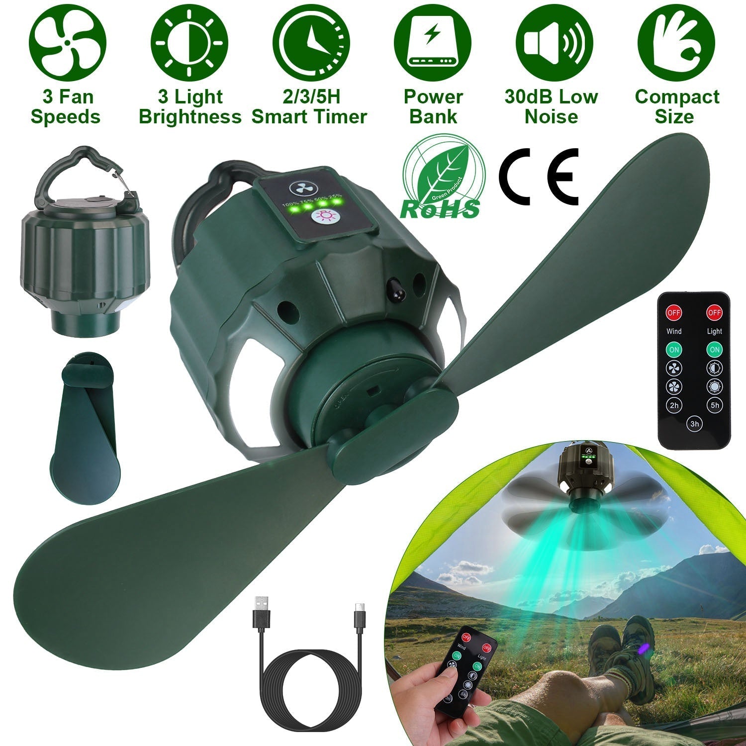 GemGear portable camping ceiling LED fan, green, 5200mAh USB battery, remote control on Tampa Home & Garden Store