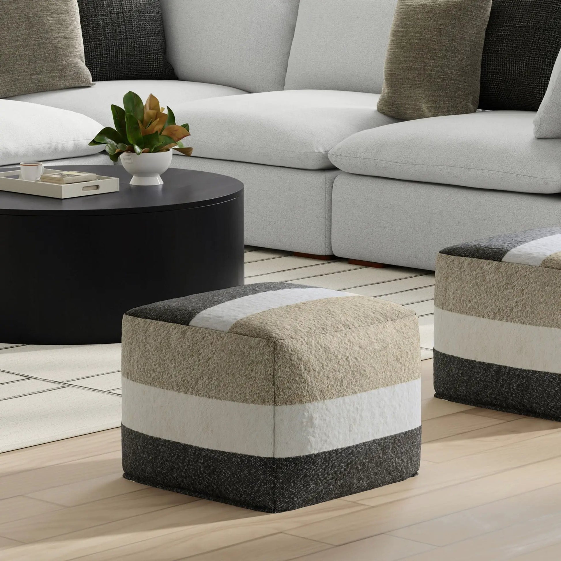 Clay Square Pouf beige taupe fabric with dark base; accent ottoman set by Unique Piece Furniture on Tampa Home & Garden Store