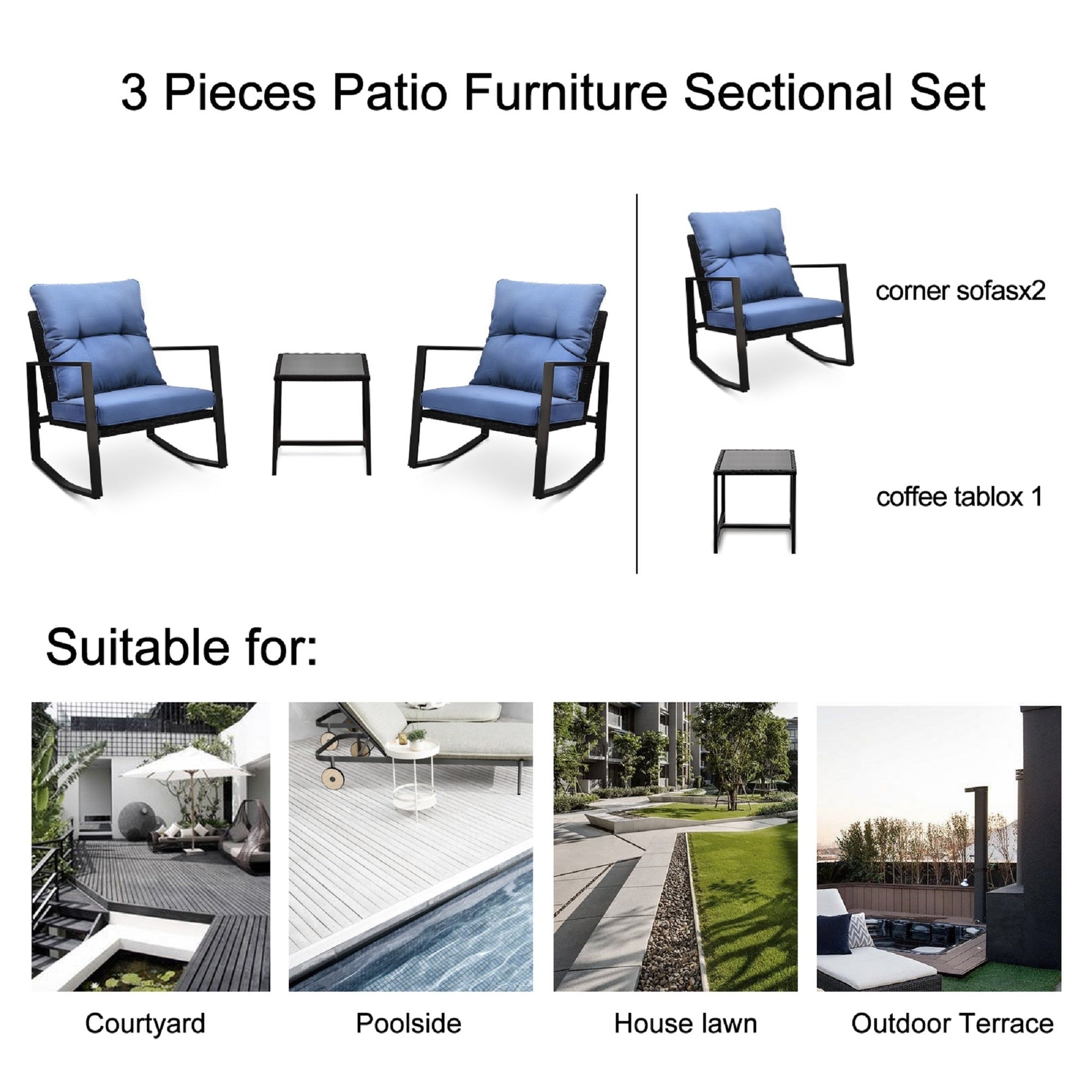 3-piece patio rocker chair set with blue cushions and black frames for yard poolside on Tampa Home & Garden Store