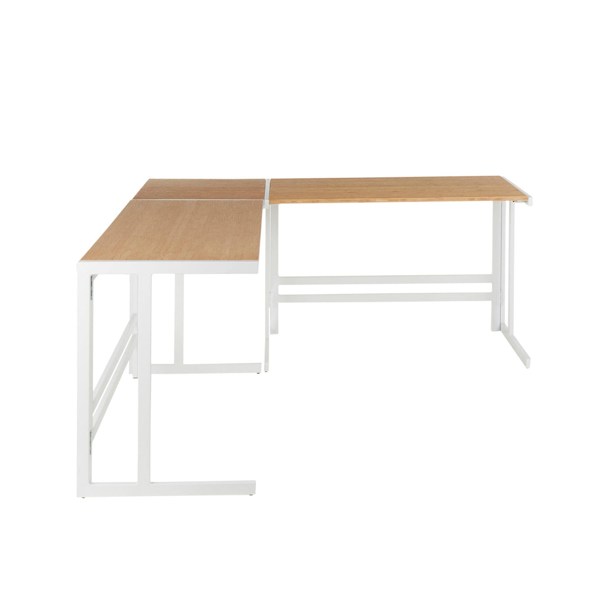 Industrial L-shaped corner desk with bamboo wood top and white metal frame on Tampa Home & Garden Store