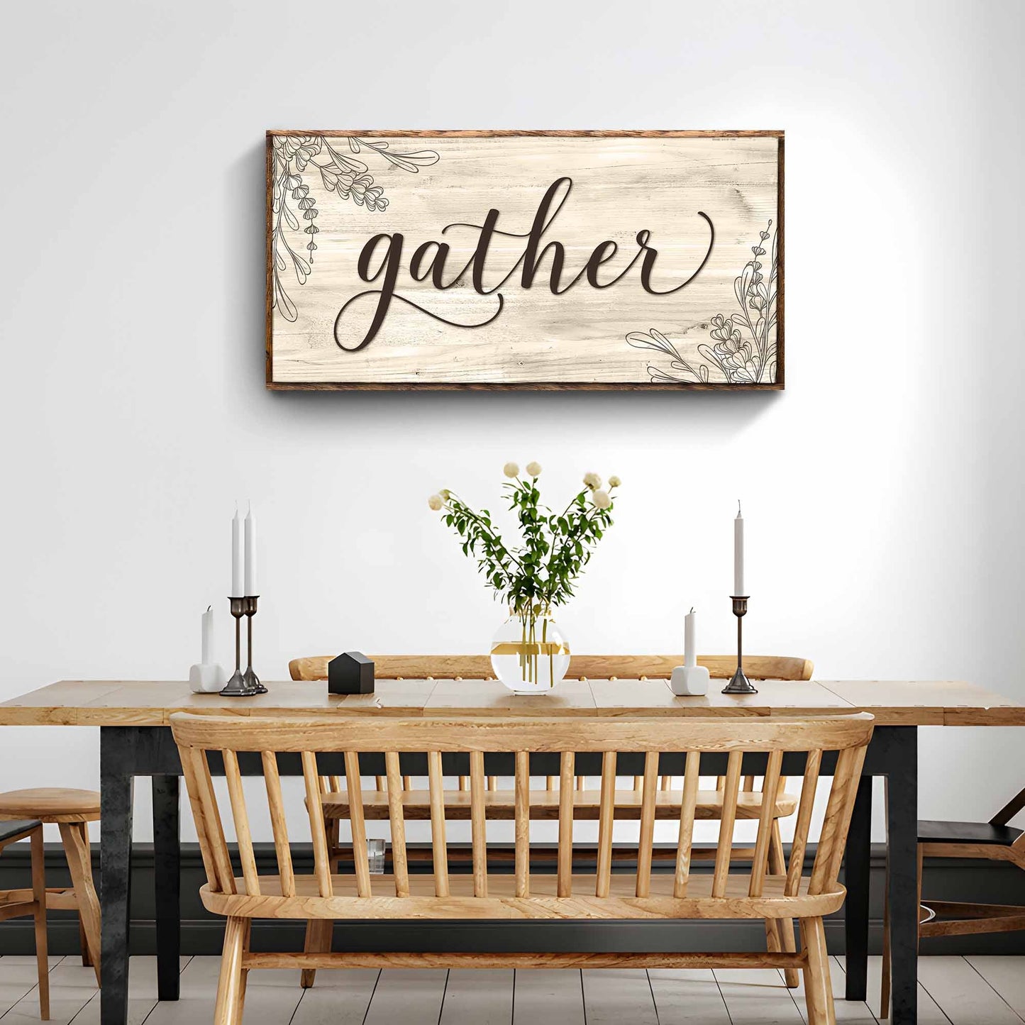 Gather Sign VIII canvas wall art on light wood with floral corners by Tailored Canvases on Tampa Home & Garden Store