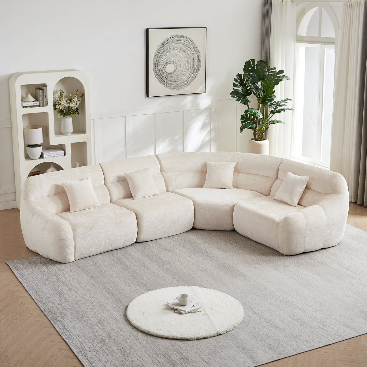 123.2-Inch Modern Luxury Curved Corner Sectional Sofa in beige fabric by HouseOfZazla on Tampa Home & Garden Store