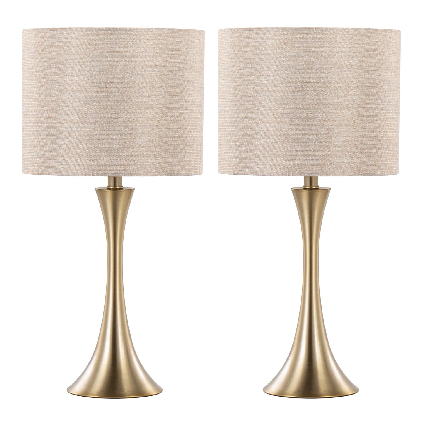 Lenuxe table lamp set of 2 with beige linen drum shades and brass tapered bases on Tampa Home & Garden Store