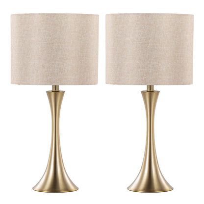 Lenuxe table lamp set of 2 with beige linen drum shades and brass tapered bases on Tampa Home & Garden Store