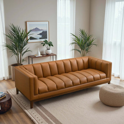 Melissa Mid-Century Cognac Vegan Leather Modern Sofa by HouseOfZazla with tufted cushions on Tampa Home & Garden Store