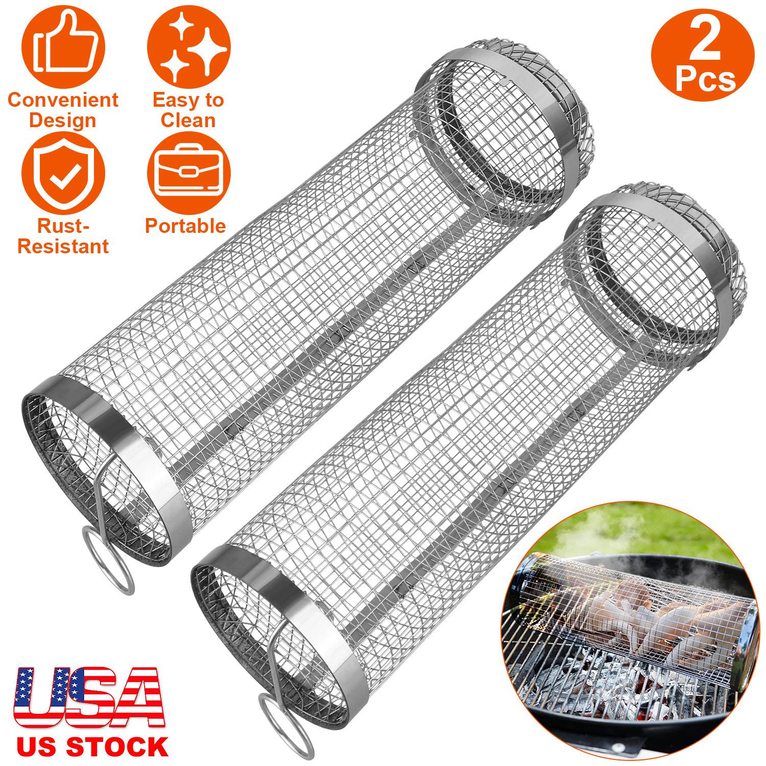 BBQ rolling basket set GemGear, 2Pcs portable stainless steel with removable covers on Tampa Home & Garden Store