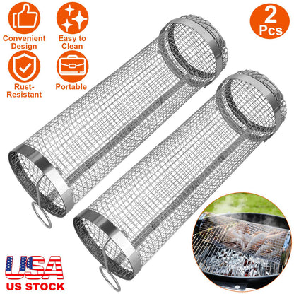BBQ rolling basket set GemGear, 2Pcs portable stainless steel with removable covers on Tampa Home & Garden Store